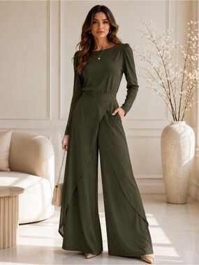 Elegant Olive Green Wide-Leg Jumpsuit | Size Medium | Heavyweight |